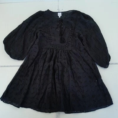 Vestido Elle Pequeño Negro Mujer Manga Larga Bordado Inglés Mini Borla Algodón Foto 1 de 4