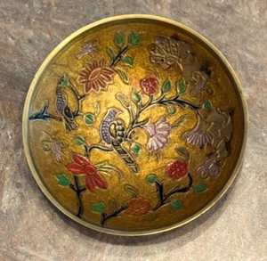 Vintage Brass Cloisonne Enamel Birds & Flowers 4" Pedestal Bowl Trinket - India - Picture 1 of 6
