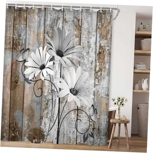 Farmhouse Flower Floral Shower Curtain, Rustic Grey Daisy Shower Curtain Set, - Picture 1 of 8