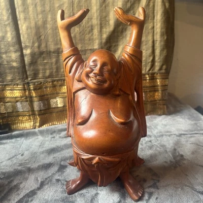 复古日本手工雕刻实心红木快乐/微笑佛 12 英寸丰富快乐 — 第 1/4 张图片