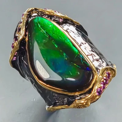 Handmade 15 ct+ Natural Ammolite Ring 925 Sterling Silver Size 8 /R439773 - Image 1 of 4