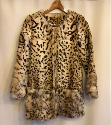 Language Animal Print Rabbit Fur Coat Real Fur  Long Jacket Brown Size Free - Image 1 of 4