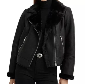 Ralph Lauren Black Moto Jacket Size Faux Shearling Lined Leather Women’s Size XS - Bild 1 von 13