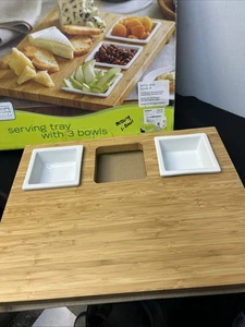 Food Network Stoneware  Bamboo serving Tray 2 cups 12x16 Tray Dips Charcuterie - Picture 1 of 2