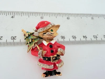 VTG. JJ JONETTE MULTI-COLORED RHINESTONE KITTY CAT/SANTA’s SUIT/TREE BROOCH 524 - Image 1 of 3