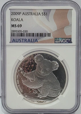 Moneda etiqueta bandera de $1 2009 1 oz plata fina Australia Koala clasificación NGC MS69 Foto 1 de 2