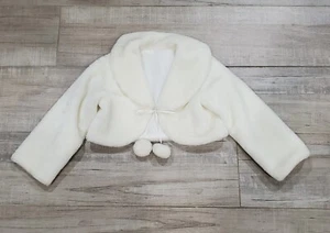 Girls Holiday Faux Fur Pom Pom Tie White Dressy Bolero Shrug Jacket M 7-8 - Picture 1 of 6