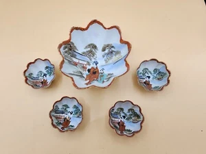 Vintage, Japanese Geisha Girl Hand Painted Porcelain Footed Scalloped Bowl Set - Picture 1 of 14