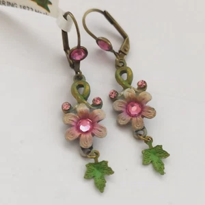 Michal Negrin Earrings Floral Pink Crystal Enamel Vintage Dangle NWT Romantic - Picture 1 of 10