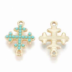 Wholesale Lot of 10! Small Turquoise Aqua Color Resin Cross Connector Links Gold - Picture 1 of 3