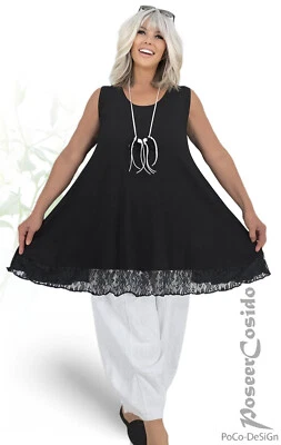 LAGENLOOK Top Long Shirt Tunic & Lace 44 46 48 50 52 54 56 58 Black XL XXL - Image 1 of 4