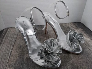 NEW Marc Fishe Geavie High Heels Dress Sandal Silver Glam Glitter Ruffle Bow - Picture 1 of 12