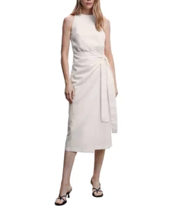 MNG Mango Womens Side Tie Midi Dress 10 White Linen Blend Vacation Cruise Summer - Picture 1 of 16