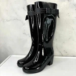 Kate Spade New York Rain Boots Sz 9 Black Bow Rubber Wellie Knee block Heel chic - Picture 1 of 24
