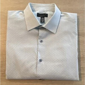 Alfani Men's 16-16.5 34/35 Regular Fit Dress Shirt Honeycomb Print WhiteTeal NEW - Picture 1 of 11