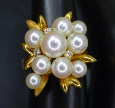 Tasaki 9P Pearl 3P Diamond 18K Yellow Gold Cluster Flower Cocktail Ring Elegant - Image 1 of 4