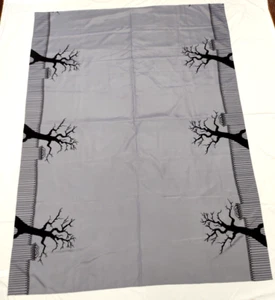 Grey & Black Tree Flocked Fabric Tablecloth Rectangle Halloween Graveyard Scene - Picture 1 of 16