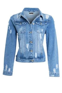 Womens Denim Jacket Ladies Blue Ripped Distressed Button Up Vintage Wash - Picture 1 of 5