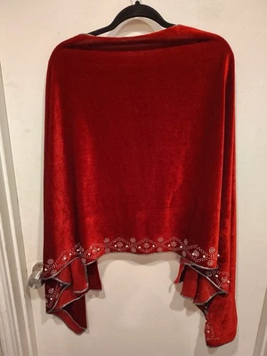 Jessica McClintock Pearl Beaded Red Velvet Shawl Wrap One Sz Formal Eveningwear - Image 1 of 4