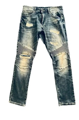 Pantalones de mezclilla Smoke Rise ajustados calce cónico desgastados para hombre 32x30 azul estilo motociclista Foto 1 de 4