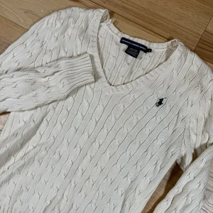 VTG Polo Ralph Lauren Sport Cable Knit Sweater Women’s Large Cream V Neck - Picture 1 of 9