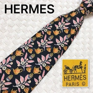 HERMES Necktie Tea Time Tea Leaves Floral 100% Silk Made in France Black x Pink - Picture 1 of 10