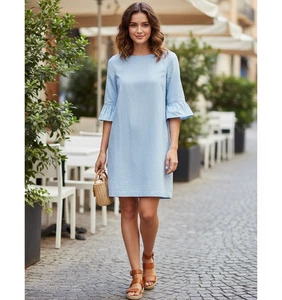 ModCloth Ruffle Sleeve Shift Dress Women's L Blue Cottagecore Coastal Minimalist - Picture 1 of 9