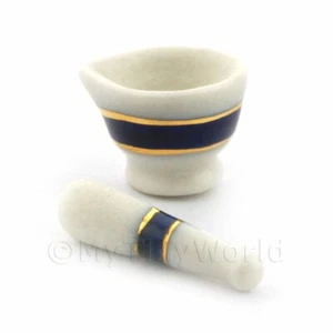Dolls House Miniature Blue and Metallic Gold Striped Pestle and Mortar - Picture 1 of 1
