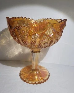Vintage Imperial Glass Marigold Carnival Hobstar Compote Pedestal Iridescent 7.5 - Picture 1 of 7
