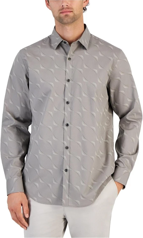 Alfani Men's Medium Button-Up Cotton Dress Shirt Long Sleeve Taupe Geo Print