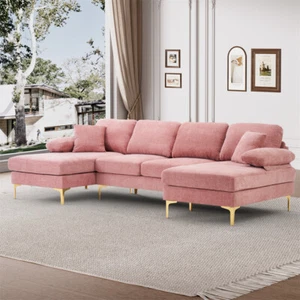 112in Modern Comfy U-Shaped Sectional Sofa Chenille Fabric 4 Seater Sleeper Sofa - Picture 1 of 88