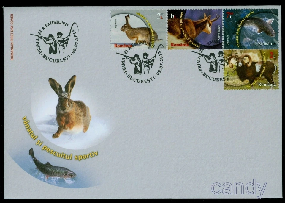 2013 Hunting/Fishing sport,Mouflon,Chamois,Hare,Trout,Rifle gun,Romania,6726,FDC - Image 1 of 1