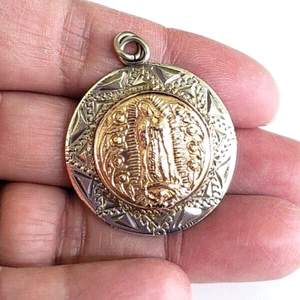 Ciondolo Vintage Messico Sterling & 14K Signora di Guadalupe Medaglia 1,25" 10,52(gr) - Foto 1 di 6