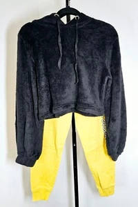 Fuzzy pullover Hooded Crop Two Piece Fleece Set - Black Yellow - M - Picture 1 of 7