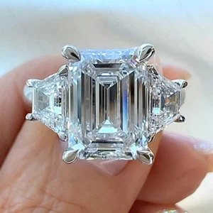 5.21Ctw Emerald Cut Moissanite Three Stone Engagement Ring 14K White Gold Plated - Picture 1 of 12