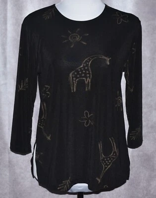 Top elástico Liz Baker para mujer pequeño negro manga larga estampado de jirafa - talla pequeña Foto 1 de 4