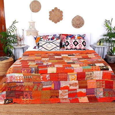 Silk Patola Patchwork Indian Handmade king  Cotton Kantha Quilt Throw Bedspread - Image 1 of 4