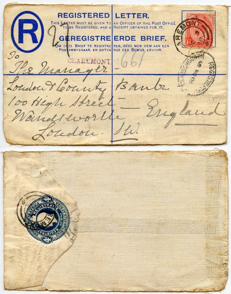 PAPELERÍA DELANTERA SUDÁFRICA 1918 REGISTRADA CLAREMONT a WANDSWORTH GB PRIMERA GUERRA MUNDIAL Foto 1 de 1