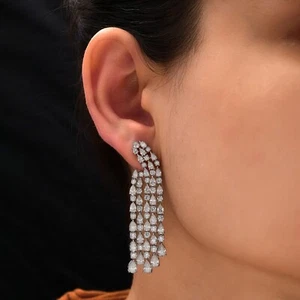 Orecchini lampadario diamanti naturali taglio tondo pera H/SI H/SI oro bianco 14 kt 11,14 ct - Foto 1 di 12