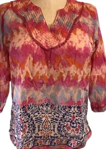 Caribbean Joe XL Shirt Pink Orange Blue Tie Dye Accent V Neck 3/4 Sleeve Blouse - Picture 1 of 12