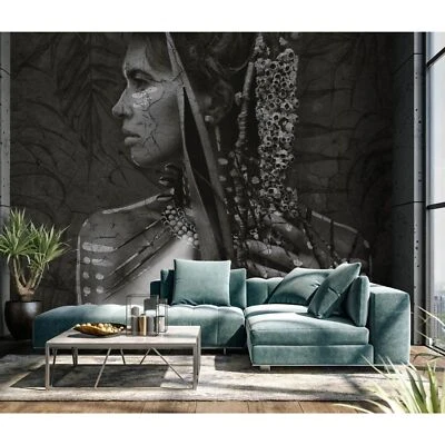 Fototapete Blätter Urwald Frau Ureinwohner Grau Schwarz 2513N-11 (13,99€/1qm) - Bild 1 von 4