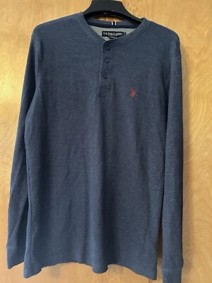 Camisa polo masculina manga comprida algodão azul/cinza Henley tamanho (L) EUA Assn - Imagem 1 de 4