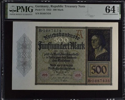 Germany Republic Treasury Note 500 Mark 1922 P 73 UNC PMG 64 EPQ - Image 1 of 4