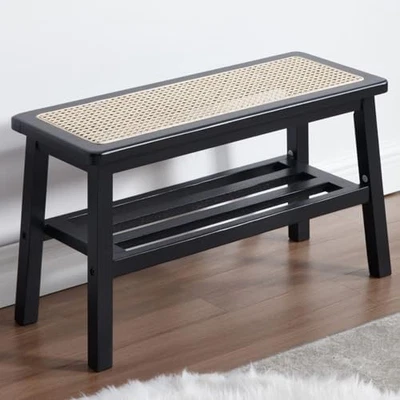 Black Rattan Dining Bench with Solid Wood Legs Entryway Shoe Storage Ottoman - Image 1 of 4