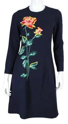 LELA ROSE Navy Blue Wool Crepe Embroidered Flower A-Line Dress 6 - Image 1 of 4