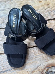 Beautiful Vintage PRADA Slip on Black Strappy Low Heel SHOES, Perspex Band, 37.5 - Picture 1 of 10