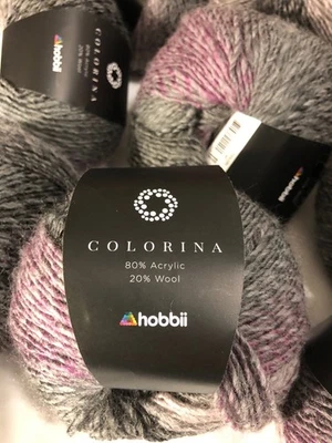 13 balls Hobbii yarn "Colorina," acrylic/wool blend, gray/purple  "Evening Rose" - Image 1 of 4