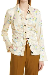 GANNI Floral Ruched Crinkled Cream Satin Long Sleeve Shirt, Size 44 | 14 - Picture 1 of 12