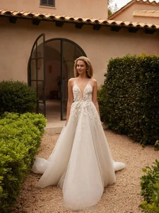 Vestido de novia blanco de encaje floral cuello en O línea A dos piezas brillo vestido de novia - Imagen 1 de 12