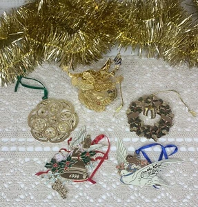 5 Vtg Baldwin Brass Ornaments 24K Gold Smithsonian Angel Wreath Ice Flower Bird - Picture 1 of 11